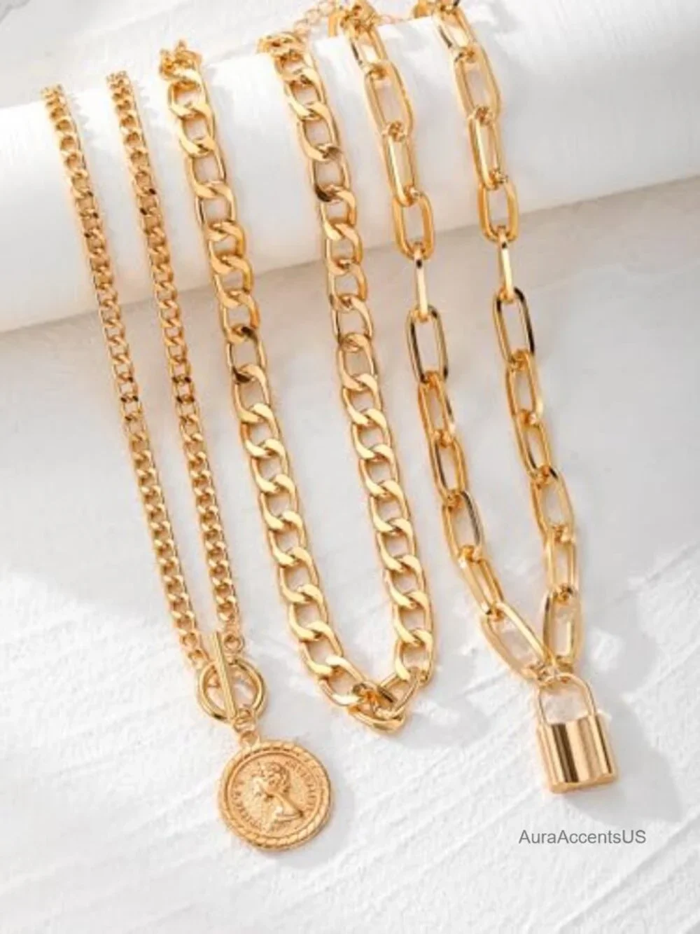 Layered Necklace Set for Women Chunky Gold Tone Coin Pendant Chain Necklace